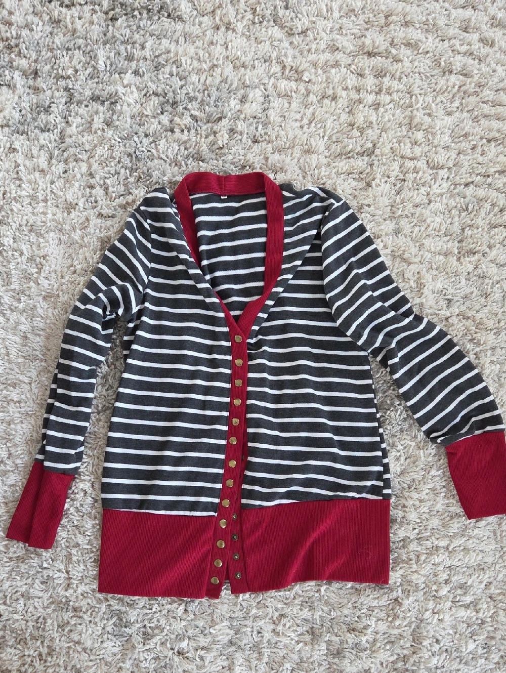 Striped Black & White Cardigan with Red Trim